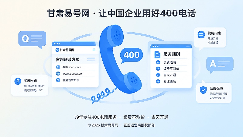 放大的400电话听筒与官网联系方式页、服务规则页相连，表现长期品牌资产沉淀